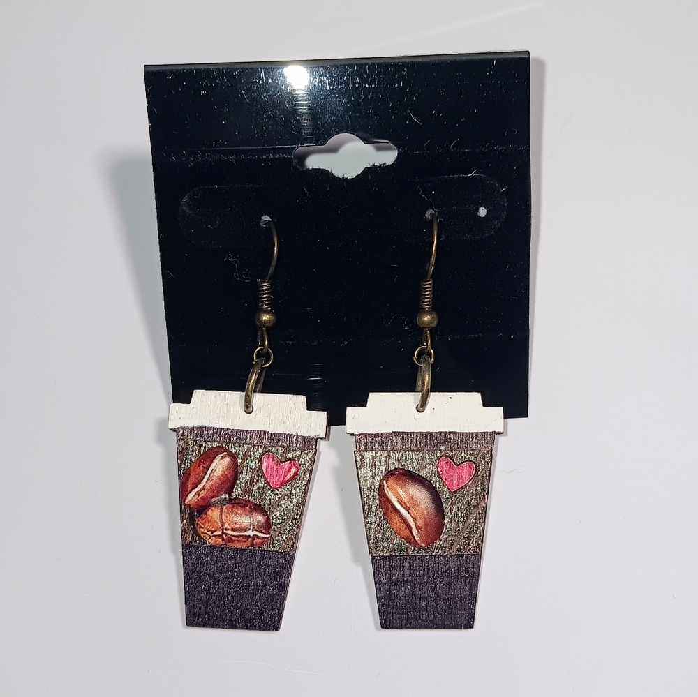 HANDMADE Coffee Lovers Black & Brown Coffee Beans Travel To-go Cup Earrings
